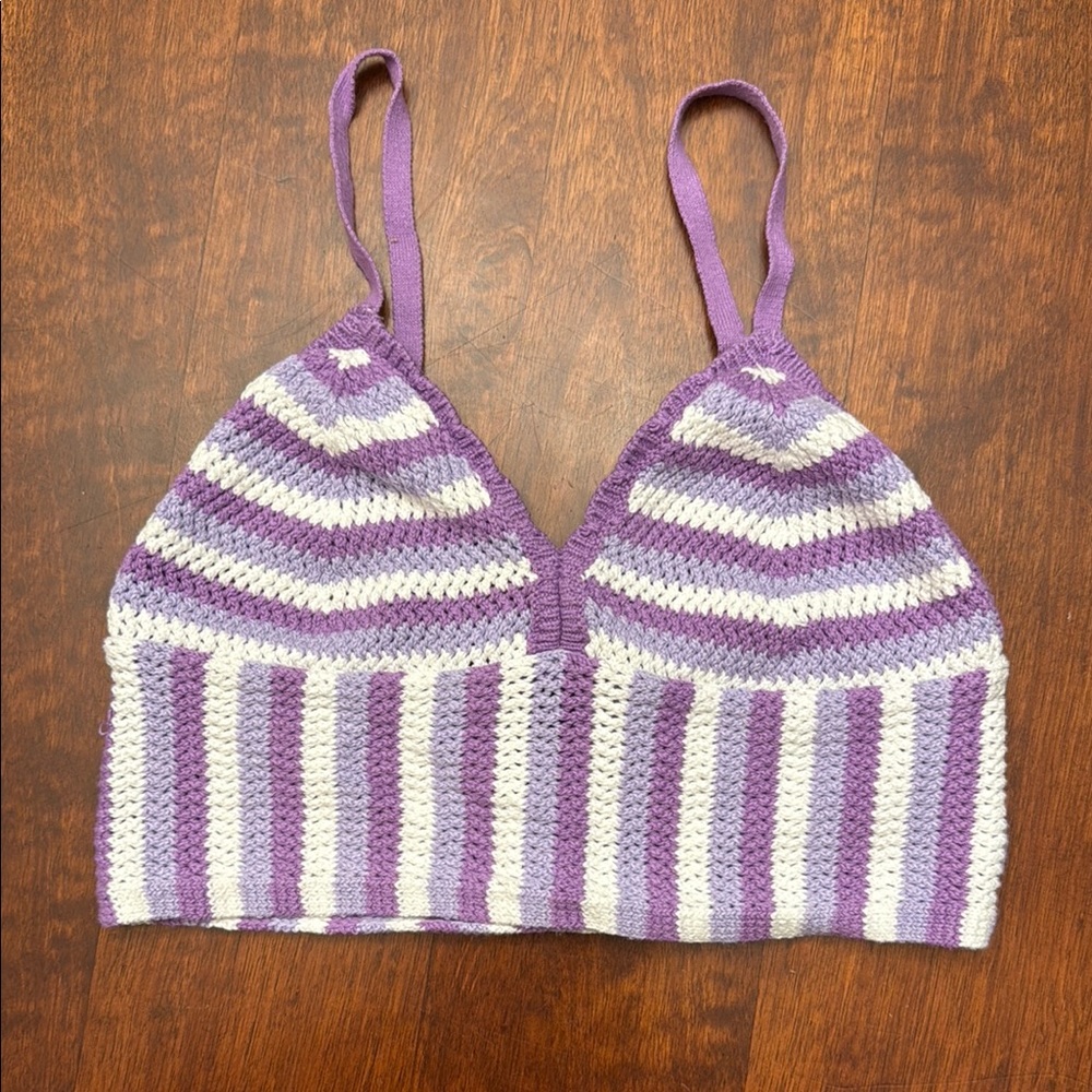 Purple and White Striped Crochet Crop Top